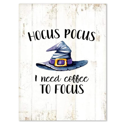 Vintage Wood Sign Hocus Pocus I Need Coffee to Focus Wall Hanging Halloween Quote Sign Farmhouse Wooden Plaque Rustic Wall Art Decor for Halloween Home Living Room Kitchen Porch 12"x16"