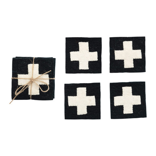 Creative Co-Op Wool Felt Appliqued Swiss Cross, Set of 4 Coasters, 4" L x 4" W x 0" H, Black