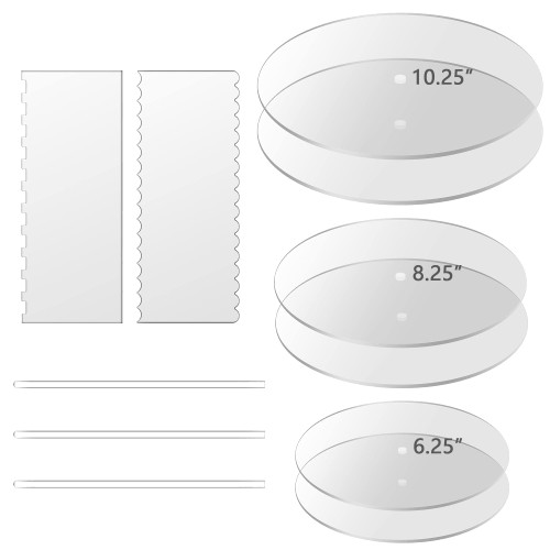 Boyun Acrylic Round Cake Disk Set,Acrylic Cake Discs Set,Comb Scrapers,Dowel Rods,Icing Scraper,Acrylic Scraper Smoother for 3 Tier Cakes (6.25" + 8.25" + 10.25")