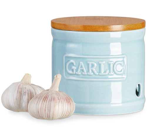 ONEMORE Garlic Keeper with Lid, Ceramic Garlic Saver 4 inch, Light Blue