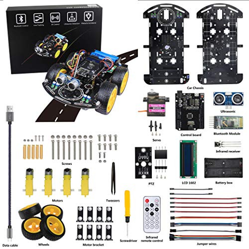 Jun_Electron Toy Car UNO Project Robot Kit for Arduino Starter, Robotics Toy for Teens, UNO R3 Control line Tracking, Obstacle Avoidance, Ultrasonic Sensors