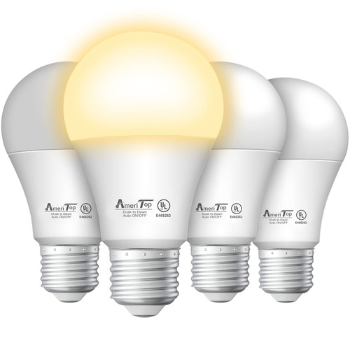 AmeriTop Dusk to Dawn Light Bulb- 4 Pack, A19 LED Sensor Light Bulbs; UL Listed, Automatic On/Off, 800 Lumen, 9W(60 Watt Equivalent), E26 Base, Indoor/Outdoor Lighting Bulb (3000K Warm White)