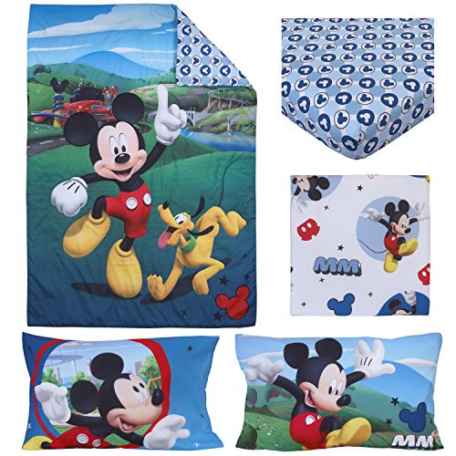 Disney 4 Piece Toddler Bedding Set, Mickey Mouse Playhouse, Blue/White, Standard Toddler Mattress (52" x 28" x 8")