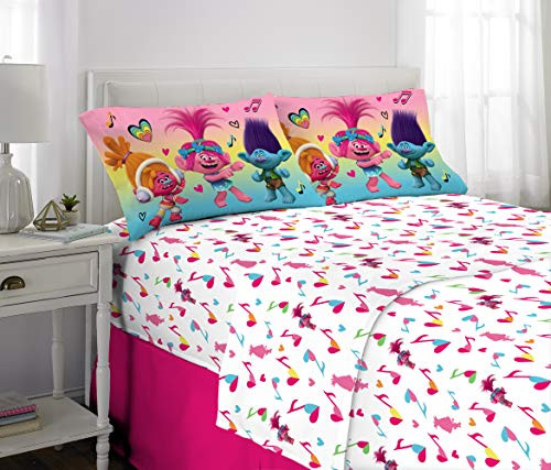 Trolls Kids Bedding Soft Microfiber Sheet Set Full Size 4 Piece, White/Pink