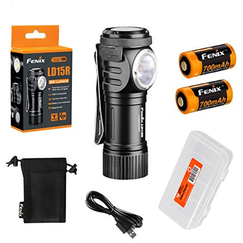 Fenix LD15R 500 Lumen Right-Angle White Red LED Rechargeable Mini Flashlight with 2x Batteries and LumenTac Battery Organizer