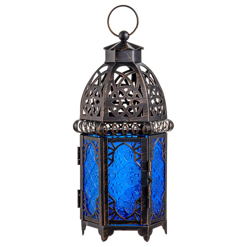 DECORKEY Vintage Candle Lantern, Moroccan Style Decorative Hanging Lantern, Metal Tabletop Lantern, Christmas Candle Holders for Outdoor Patio (Blue)