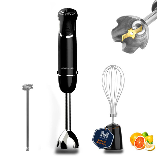 MegaWise Pro Titanium Reinforced 3-in-1 Immersion Hand Blender, Powerful with 80% Sharper Blades, 12-Speed Corded Blender, IncludingWhisk and Milk Frother (Black Or Red)