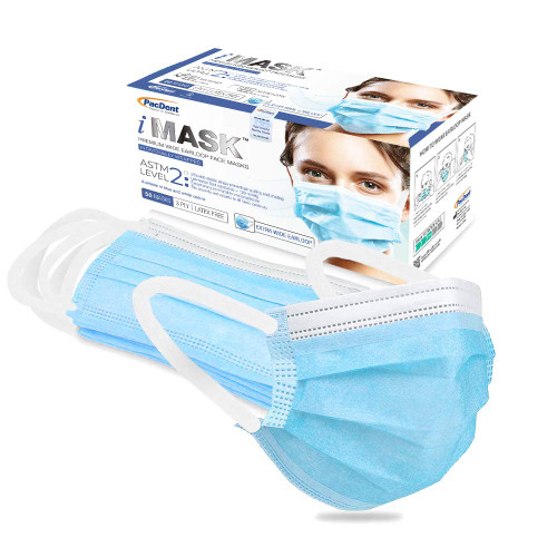 Pac-Dent iMask Level 2 Premium Wide Earloop Face Masks, Extra Comfort, Individually Wrapped, Disposable 3 Ply Face Mask, 50 Pack, Blue - MASKT-02-A