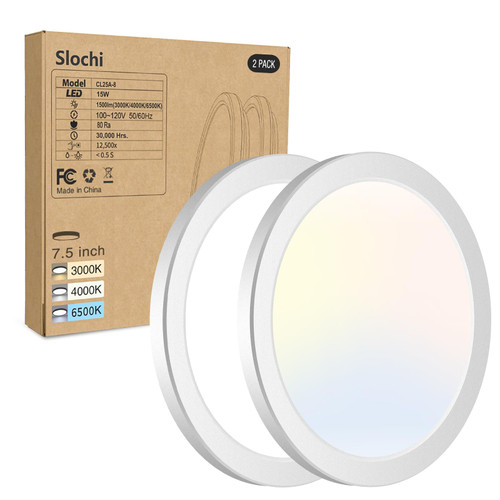 2PACK LED Flush Mount Ceiling Light Fixture, 3000K-4000K-6500K & 100W Equivalent Modern Kitchen Recessed Ceiling Lamp 15W 1500Lm 7.5 Inch Closet Round Surface for Bathroom Laundry Bedroom Hallway