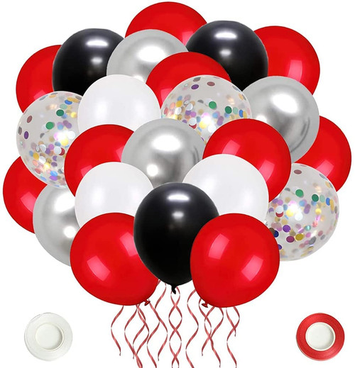 CUTEDECOR 62 Pack Red Black Confetti Balloons Kit,12 Inch Black Red White Confetti Balloons Metallic Silver Balloons for Wedding Party Birthday Baby Shower Graduation Decorations Supplies