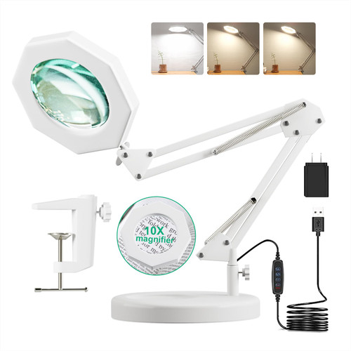10X Magnifying Glass with Light Hand Free, HITTI 3 Color Stepless Dimmable Magnifying Lamp, 2-in-1 Lighted Deak Lamp & Clamp, Magnifier with Light and Stand for Crafts Reading Close Workbench Repair