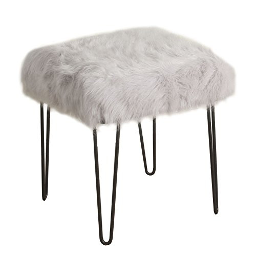 HomePop Faux Fur Decorative Square Ottoman with Metal Hairpin Legs, Grey