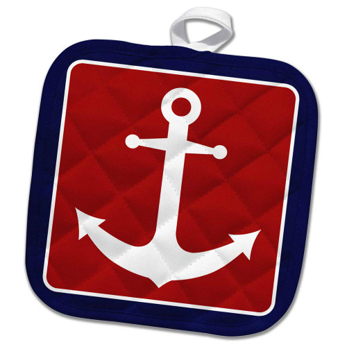 3dRose Red White and Blue Nautical Anchor Design Potholder, 8 x 8