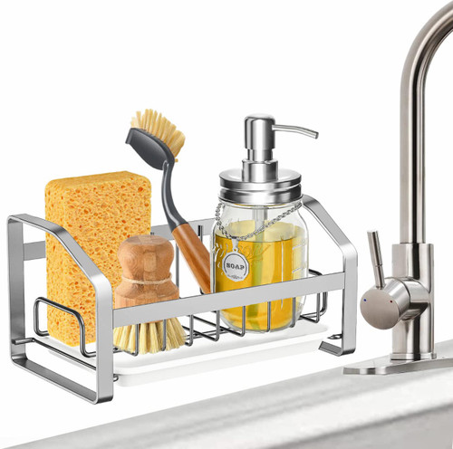 DMJWAN Kitchen Sink Caddy Sponge Holder, Silver Kitchen Sink Organizer Dish Racks, 304 Stainless Steel Sink Caddy Organizer with Removable Drip Tray, Soap Brush Dispenser