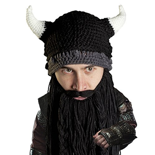 Beard Head Viking Pillager Beard Beanie - Funny Knit Horned Hat and Fake Beard Black