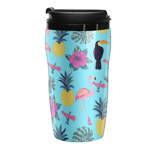 Toucan And Flamingo Pineapple Coffee mug cup double-layer plastic Tea cup with lid durable travel mug black-style1