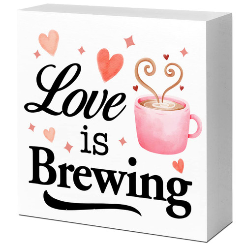 Love is Brewing Coffee Wood Box Sign Desk Decor,Funny Coffee Lover Wood Block Plaque Box Sign Desk Decorations for Home Kitchen Office Cafe Coffee Bar Coffee Station Desk Shelf Table Decor