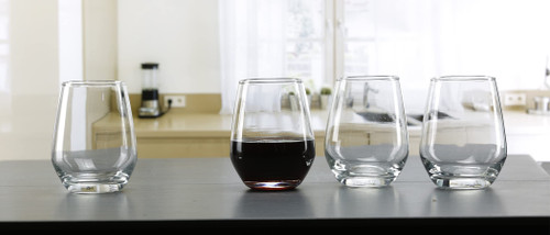 Circleware Stemless Red Glasses Set of 4, Glassware for Water, Beer, Wine, Liquor, Iced Tea Punch & All Drinks, 13oz, Clear