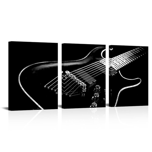TiuAuiT Black White Electric Guitar Canvas Wall Art Musical Themed Picture Print Modern Rock Music Framed Artwork for Bedroom Living Room Office Wall Decor Easy to Hang 12"x16"x3pcs