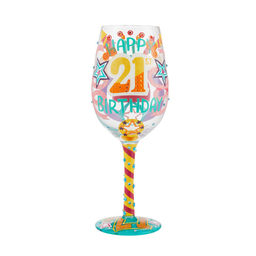 Enesco Designs by Lolita Happy 21st Birthday Hand-Painted Artisan Wine Glass, 1 Count (Pack of 1), Multicolor