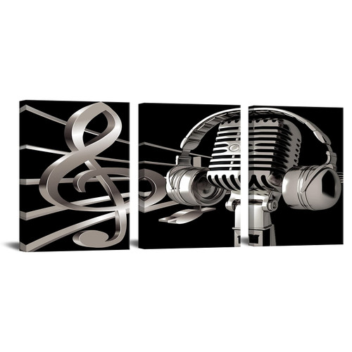 Artmyharbor 3 Panel Black White Music Wall Art Microphone Headset with Musical Note Picture Canvas Painting Vintage Artwork Giclee Print Home Living Room Bedroom Decor