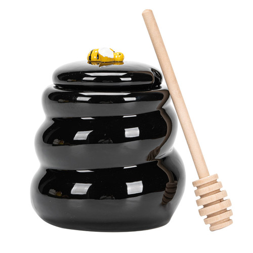 Ceramic Honey Pot with Lid and Wooden Dipper, 14oz Beehive Honey Jar for Home Kitchen Honey Syrup Jam Jelly?Black