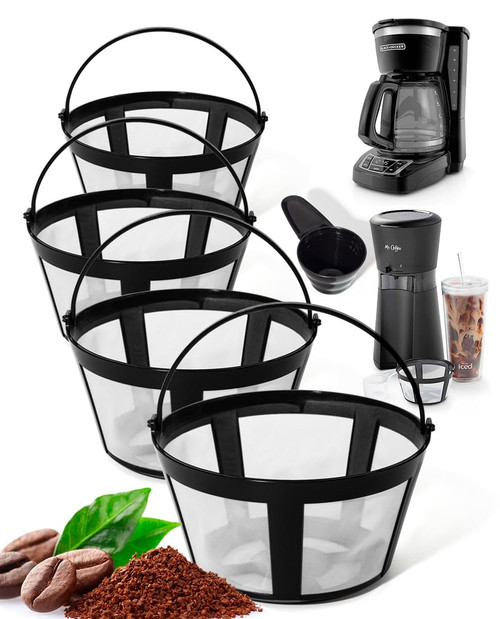 Reusable Coffee Filters 4 Packs - 8-12 Cup Mr Coffee Filters Permanent Basket Coffee Filter Reusable for Mr. Coffee, Black & Decker Coffee Maker-with Handle, Safe& Easy to Clean