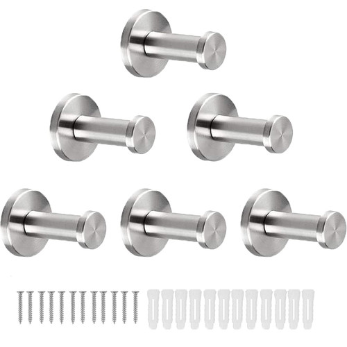 Vanloory Bathroom Towel Hooks, 6 Pack Round Coat Hooks, Sturdy Wall Mounted Robe Hook, SUS 304 Stainless Steel Heavy Duty Clothes Hanger, Wall Towel Hooks for Bathroom Bedroom Kitchen (Brushed)