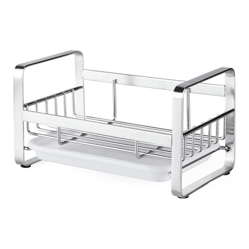 Kitchen Sink Caddy Sponge Holder 304 Stainless Steel Sink Tray Drainer Rack Soap Brush Dispenser Countertop or Adhesive Sponge Holder Organizer for Sponge Dish Brush Soap with Removable Drain Tray