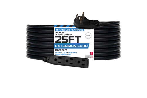 IRON FORGE CABLE 25 ft Right Angle Flat Plug Extension Cord with 3 Outlets, Power Strip Low Profile Extension Cord with Multiple Outlets, 16/3 SJT Black Cable for Home, Office & Dorm, US Veteran Owned