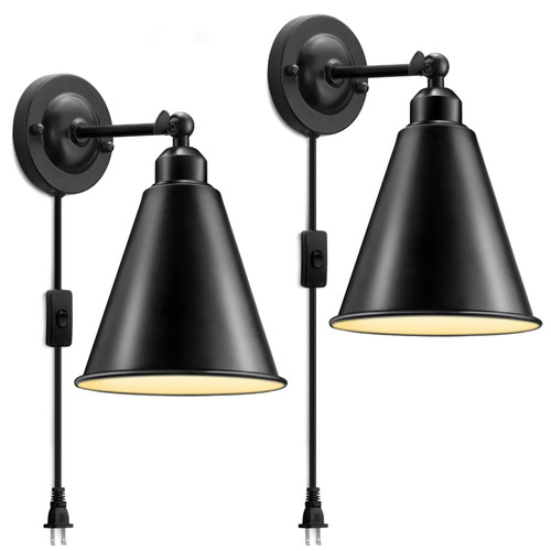 Plug in Wall Sconce, Metal Black Wall Sconce Plug in, Swing Arm Industrial Vintage Wall Lamp Fixture, Plug in Wall Light with On Off Switch E26 Base for Restaurants Headboard Bedroom Porch-2 Pack