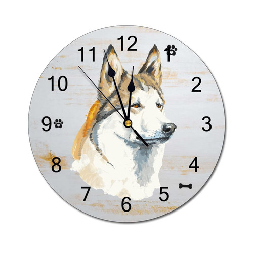 Retro Wall Clock Watercolor Husky Dog Wooden Clock Dog Lover Puppy Portrait Dog Dad Mom Clock Quartz Silent Clock Home Decorative Hanging Clock for Living Room Birthday Gift 12Inch