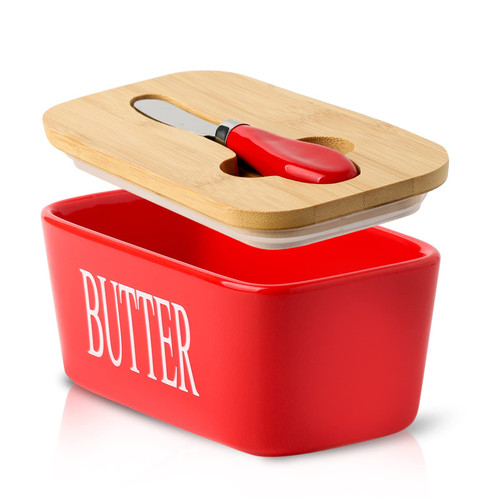 Hasense Butter Dish with Lid and Knife For Countertop, Large Butter Keeper Container with Stainless Steel Knife Spreader for Counter, Airtight Butter Holder with Cover for Kitchen,Red