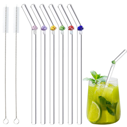 6 Pcs Glass Straws Shatter Resistant, Colorful Mushroomon Clear Straws With Design 7.9in X 8mm Reusable Bent Drinking Straws with 2 Cleaning Brushes for Shakes,Juices,Cocktails