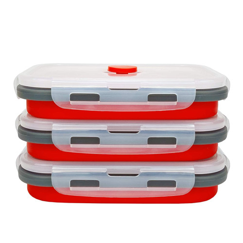 CARTINTS Set of 3 Collapsible Food Storage Containers with Lids, Collapsible Silicone Bowls, Silicone Lunch Containers, For Meal Prep, Camping, Travel, Microwave and Freezer Safe,500ml,Red