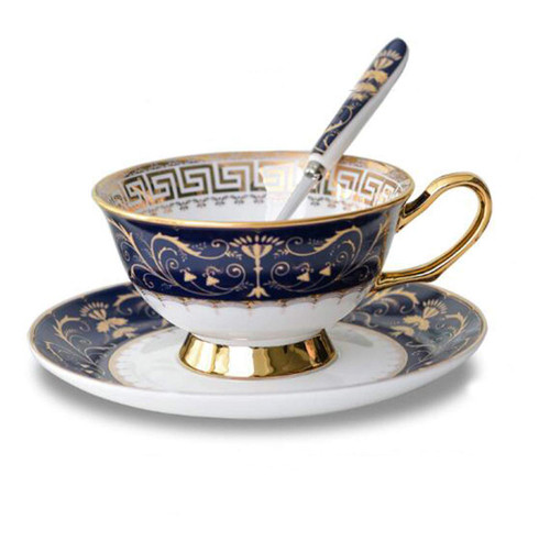 YBK Tech Euro Style Bone China Cup& Saucer Set, Ceramic Tea Coffee Cup for Home Kitchen Wedding (Royal Pattern- Deep Blue)
