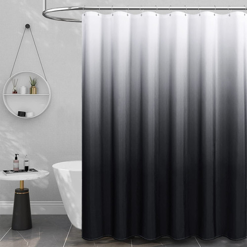 BTTN Black Fabric Shower Curtain, Ombre Linen Textured Weighted Cloth Shower Curtain Set with Plastic Hooks, Machine Washable, Water Repellent, Hotel Spa Decorative Shower Curtains for Bathroom, 72x72