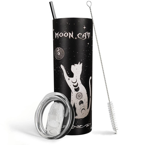 Cat Tumbler with Lid and Straw, Goth Tumbler,Cat Lover Gifts for Women, Black Cat Water bottle Cup, Moon Phase Cat Coffee Mugs, 20 oz Goth Cat Travel Mug Tumbler