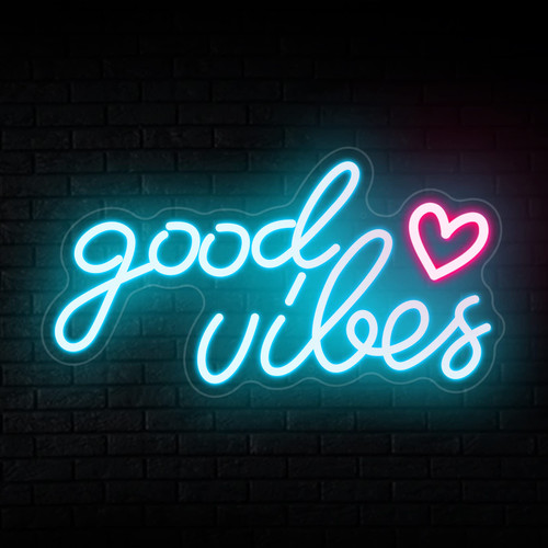 BIOIWGY Blue Good Vibes Neon Sign - Neon Lights for Bedroom LED Neon Signs for Wall Decor Good Vibes LED Sign Home Party Decorations 16.1 x 8.3 inch (Ice Blue+Pink Heart)