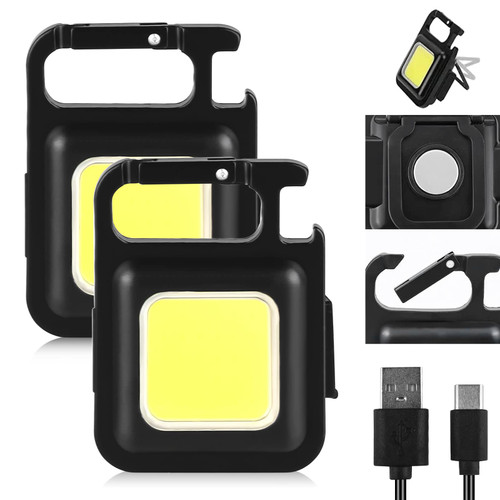 Rusee COB Keychain Work Small Flashlights: 2 Pack Keychain Flashlights, Keychain Work Light, Rechargeable Mini Flashlight with Bracket Bottle Opener Magnet Base Pocket Flashlight for Walking Camping