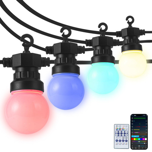 Omgomne Outdoor String Lights with APP Control,30FT Smart Patio Lights RGB Hanging String Lights with 10 LED Bulbs for Outside Party Garden Backyard IP65 Waterproof