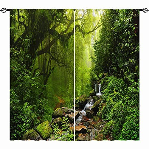 ANHOPE Forest Curtains Rod Pocket Nature Tropical Jungle Rainforest Waterfall Green Tree Landscape Scenery Print Pattern Window Drapes for Living Room Bedroom Kitchen Cafe W42 x L63 Inch 2 Panels