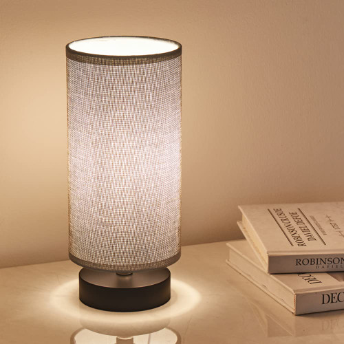 lifeholder Table Lamp, Bedside Nightstand Lamp, Simple Desk Lamp, Cylinder Table Lamp for Bedroom Living Room Office Study, Grey Shade and Black Base