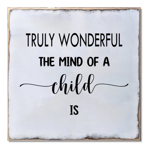 Wood Sign Hanging Home Wall Decoration Truly Wonderful the Mind of a Child is Plaque Use for Living Room Kitchen Batheroom Bedroom Office School 16x16inch