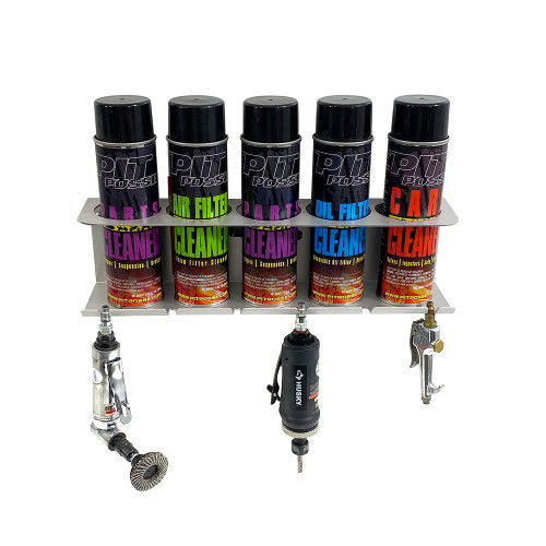 Pit Posse PP3353 Pneumatic Tool Holder Aerosol Rack Combo-Made in USA- Wall Mounted Spray Can Bottle Holder, Air Tool Organizer for Garage and Workspace- Holds 5 cans, 6 Slots