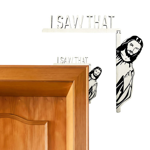 Mesen Creative Door Corner Decor, Wood Funny Door Sign Jesus Decor, I Saw That Jesus Door Sitter, Bless This Home Wall Decor, Frame Corner Decoration for Mirror Cabinet Drawer Furniture