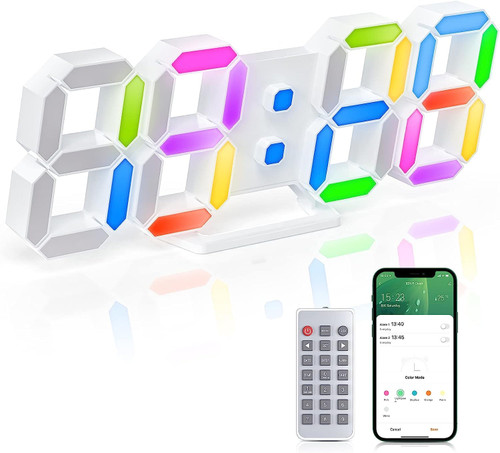 EDUP HOME 3D Digital Alarm Clock with 7 Colors, APP/Remote Control, 9.7" LED Wall Clock Desk Alarm Clocks with Timer for Bedrooms, 5 Levels Brightness/Night Light/Time/Date/Temperature Display