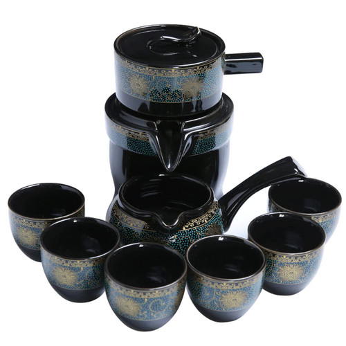 Chinese Ceramics Kungfu Tea Set, Semi-Automatic Stone Mill Teapot with Strainer/Cups, Pottery Tea Service Set for Adult, Lazy Gongfu Tea Set Gift for Outdoor Home Business Office Decor (Blue)