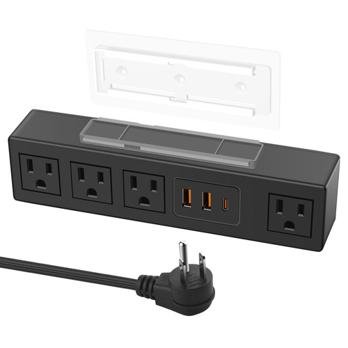 HHSOET Under Desk Power Strip with 3M Adhesive, Removable Under Desktop Mount Plug with 30W Fast Charging USB C and USB A Ports, 4 Outlet Under Table Surge Protector 1200J, 6FT Extension Cord. (Black)