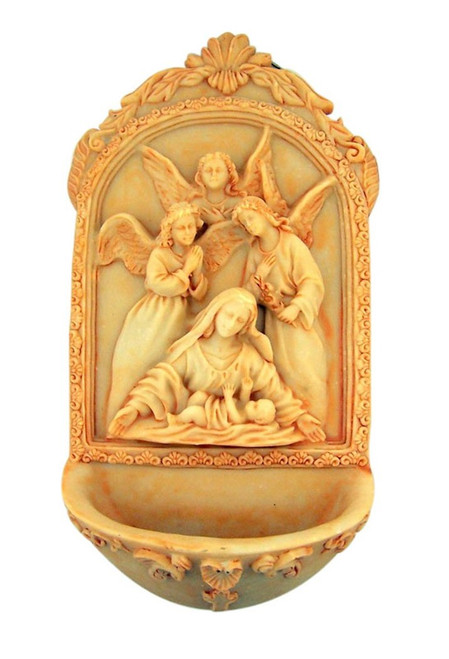 Angels at The Manger Nativity of Jesus Christ Resin Holy Water Font, 7 1/2 Inch